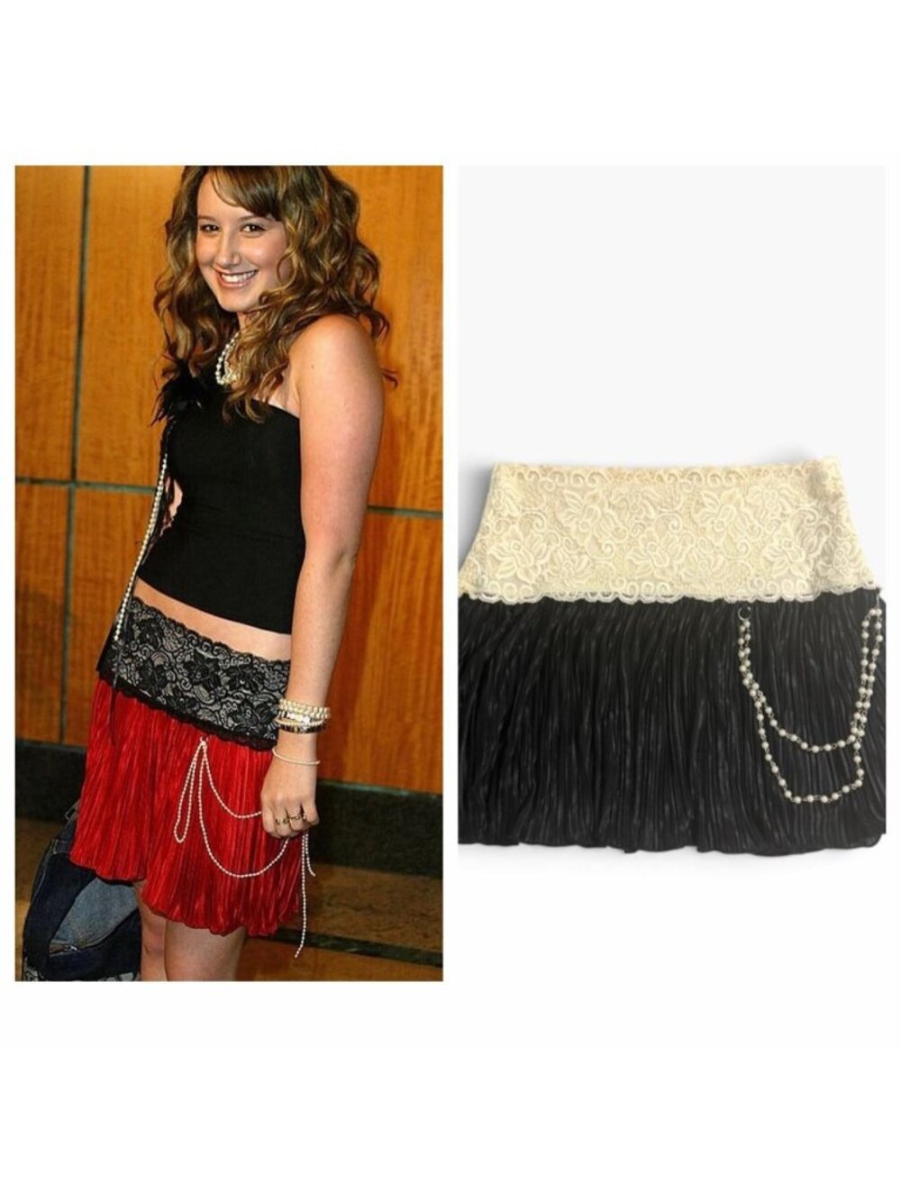 Vintage Usa Forever 21 Black Pleated Mini Skirt w/ Lace Waist + Pearl Chain